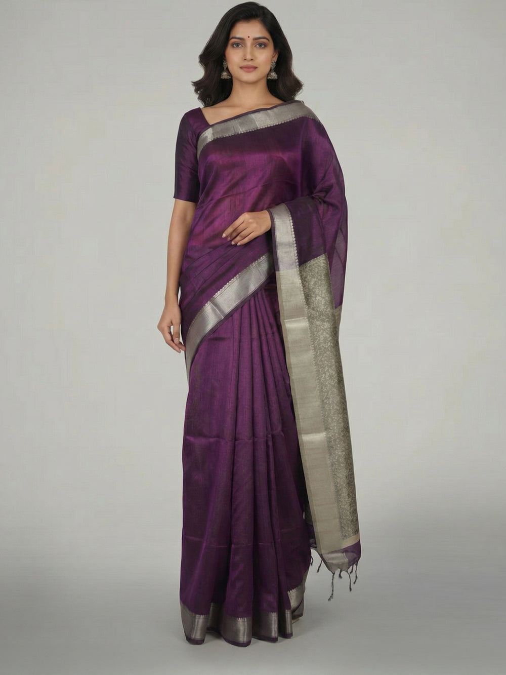 Wine Semi Silk Saree with Plain Body, Contrast With Printed Pallu & Plain Bavanji Border Border – Paired with Light Ivory Brown Contrast With Printed Blouse
