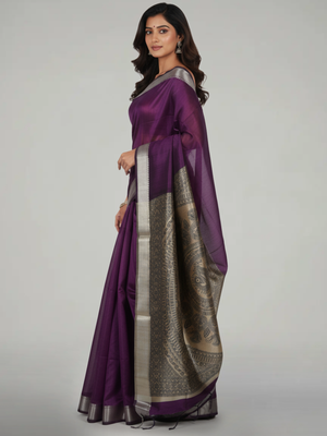 Wine Semi Silk Saree with Plain Body, Contrast With Printed Pallu & Plain Bavanji Border Border – Paired with Light Ivory Brown Contrast With Printed Blouse