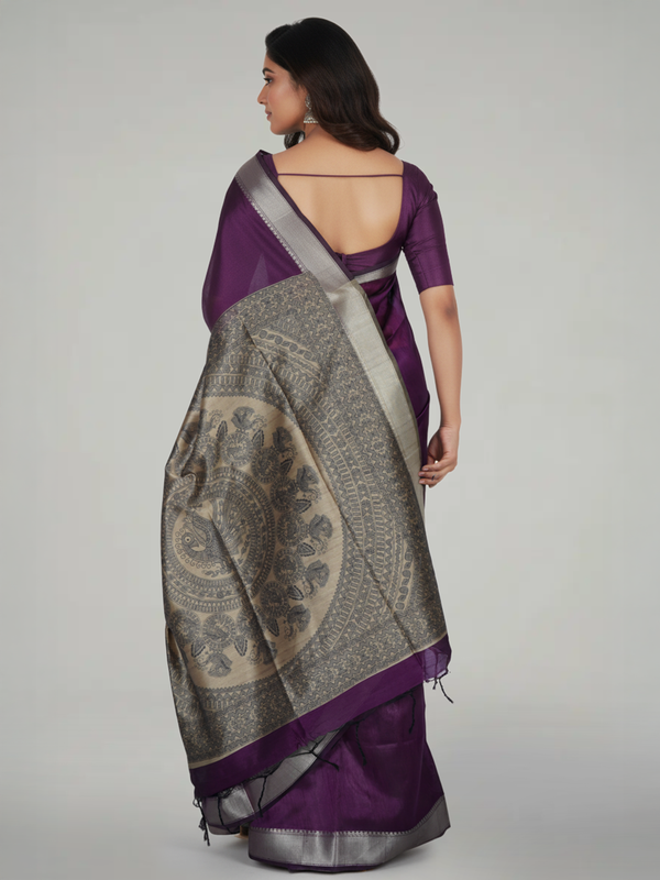 Wine Semi Silk Saree with Plain Body, Contrast With Printed Pallu & Plain Bavanji Border Border – Paired with Light Ivory Brown Contrast With Printed Blouse