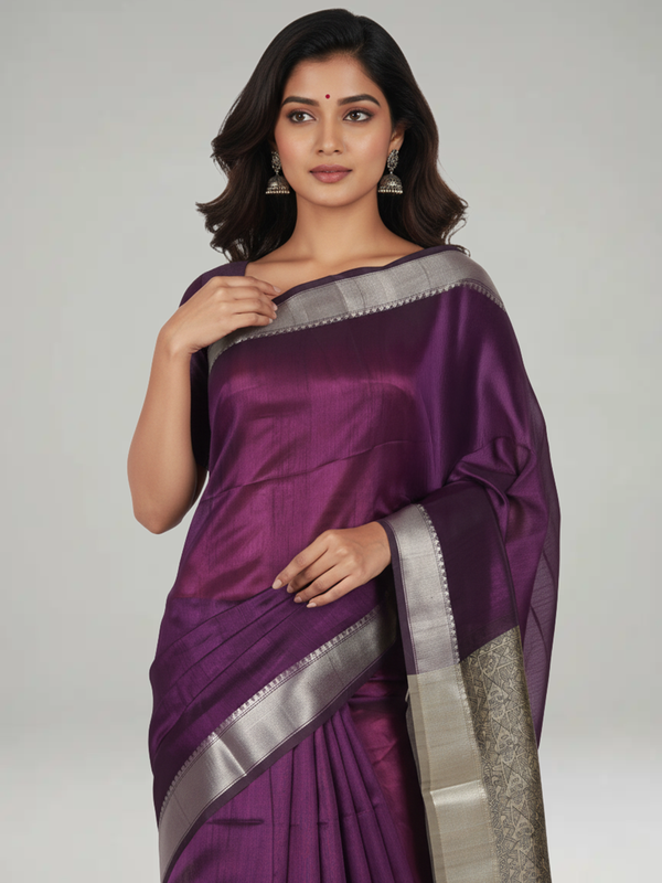 Wine Semi Silk Saree with Plain Body, Contrast With Printed Pallu & Plain Bavanji Border Border – Paired with Light Ivory Brown Contrast With Printed Blouse