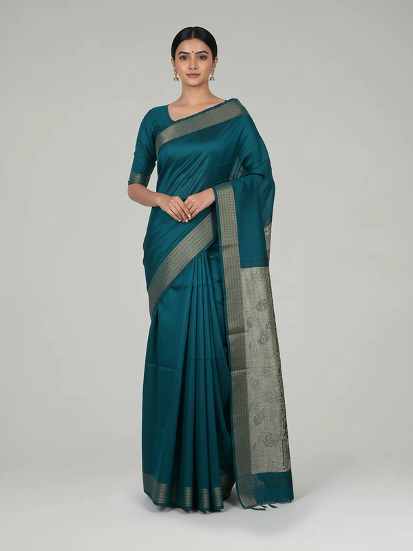 Peacock Blue Semi Jute Silk saree with Plain Body, Contrast With Printed Pallu & Plain With Bavanji Border Border – Paired with Light Ivory Brown Printed Blouse