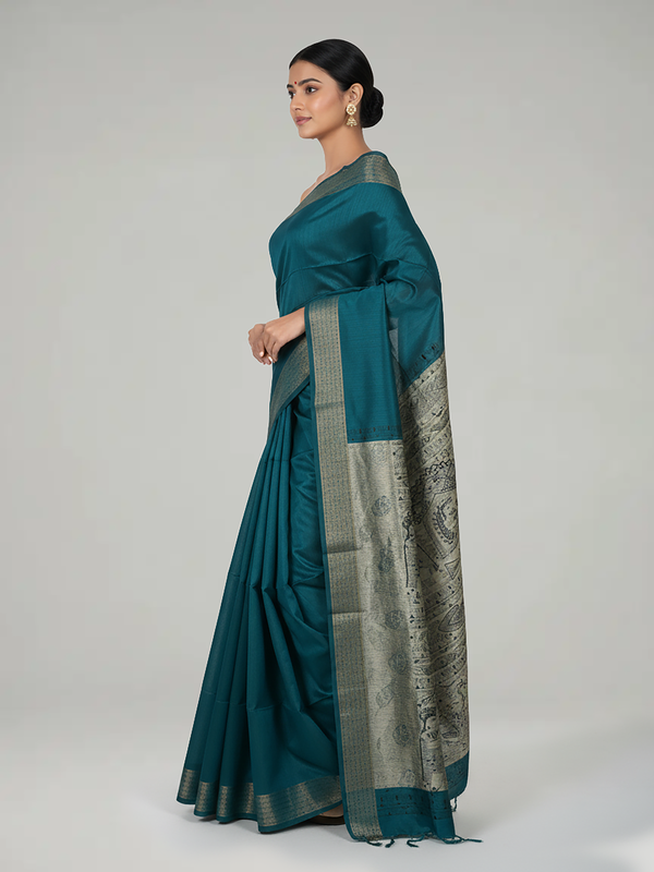 Peacock Blue Semi Jute Silk saree with Plain Body, Contrast With Printed Pallu & Plain With Bavanji Border Border – Paired with Light Ivory Brown Printed Blouse