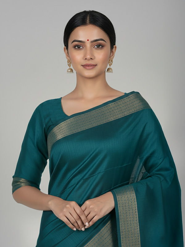Peacock Blue Semi Jute Silk saree with Plain Body, Contrast With Printed Pallu & Plain With Bavanji Border Border – Paired with Light Ivory Brown Printed Blouse