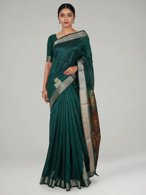 Green Semi Jute Silk saree with Plain With Temple Design Body, Mural Designed Pallu Pallu & Plain Bavanji Border Border – Paired with Light Ivory Brown Contrast With Mural Print Blouse