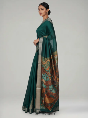 Green Semi Jute Silk saree with Plain With Temple Design Body, Mural Designed Pallu Pallu & Plain Bavanji Border Border – Paired with Light Ivory Brown Contrast With Mural Print Blouse