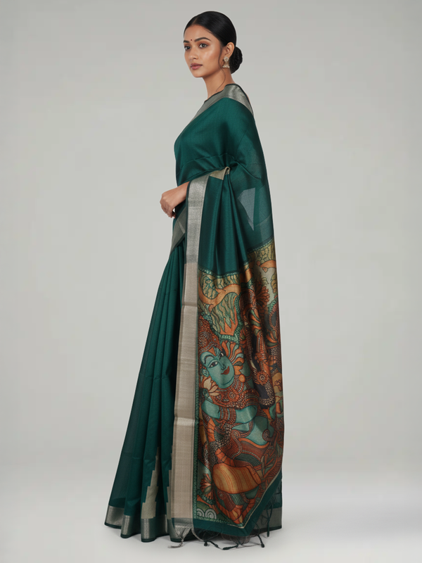 Green Semi Jute Silk saree with Plain With Temple Design Body, Mural Designed Pallu Pallu & Plain Bavanji Border Border – Paired with Light Ivory Brown Contrast With Mural Print Blouse
