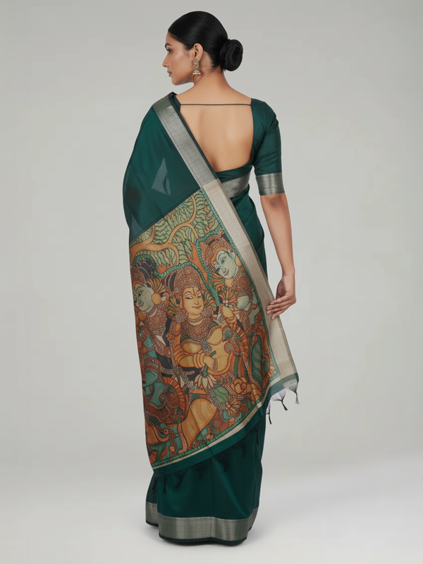 Green Semi Jute Silk saree with Plain With Temple Design Body, Mural Designed Pallu Pallu & Plain Bavanji Border Border – Paired with Light Ivory Brown Contrast With Mural Print Blouse