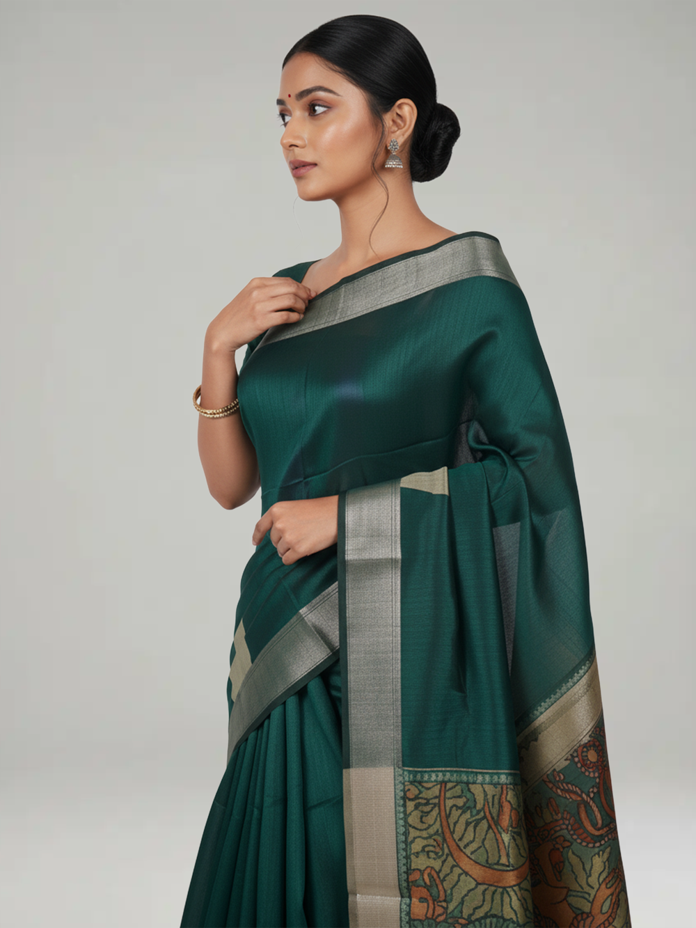 Green Semi Jute Silk saree with Plain With Temple Design Body, Mural Designed Pallu Pallu & Plain Bavanji Border Border – Paired with Light Ivory Brown Contrast With Mural Print Blouse