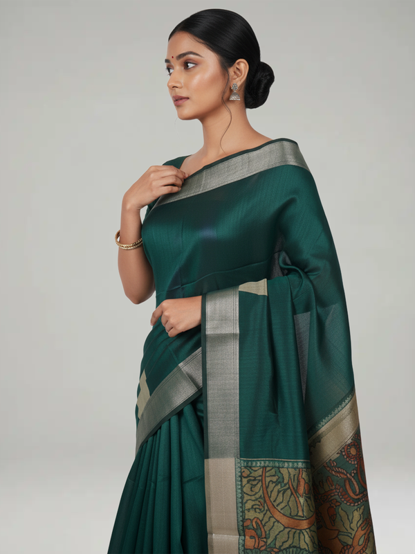 Green Semi Jute Silk saree with Plain With Temple Design Body, Mural Designed Pallu Pallu & Plain Bavanji Border Border – Paired with Light Ivory Brown Contrast With Mural Print Blouse
