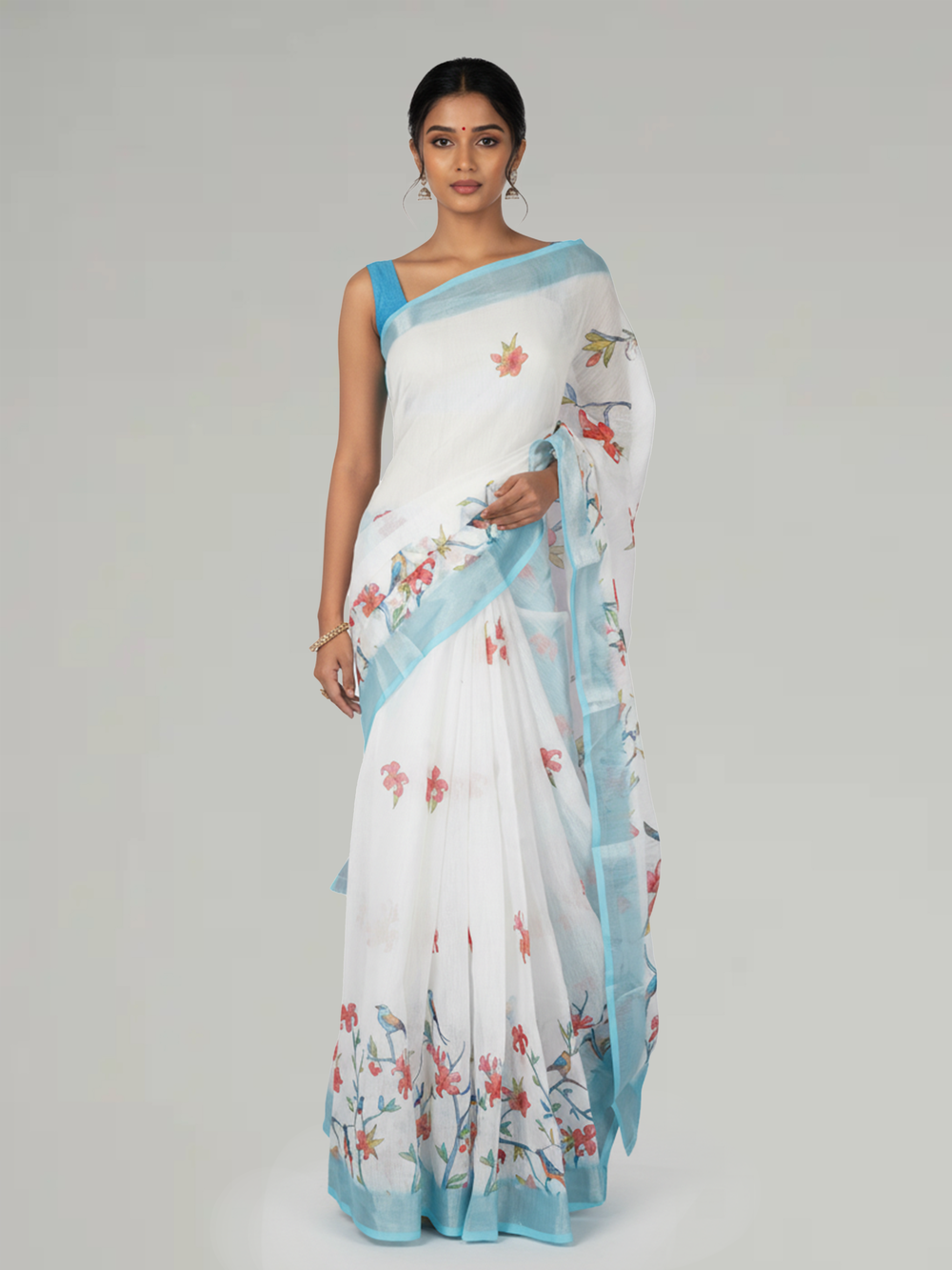 Sky Blue Floral Printed Semi Linen Saree