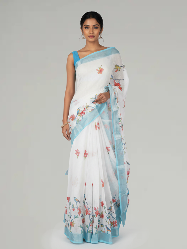 Sky Blue Floral Printed Semi Linen Saree
