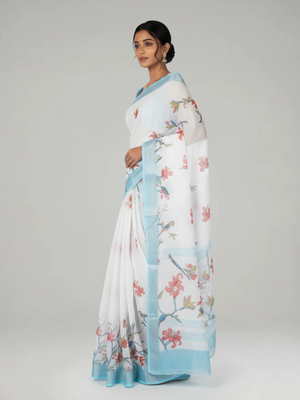 Sky Blue Floral Printed Semi Linen Saree