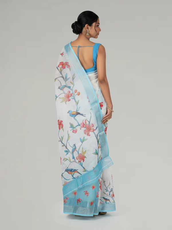 Sky Blue Floral Printed Semi Linen Saree