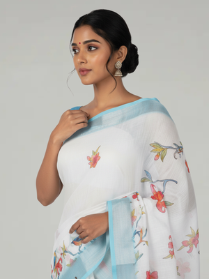 Sky Blue Floral Printed Semi Linen Saree