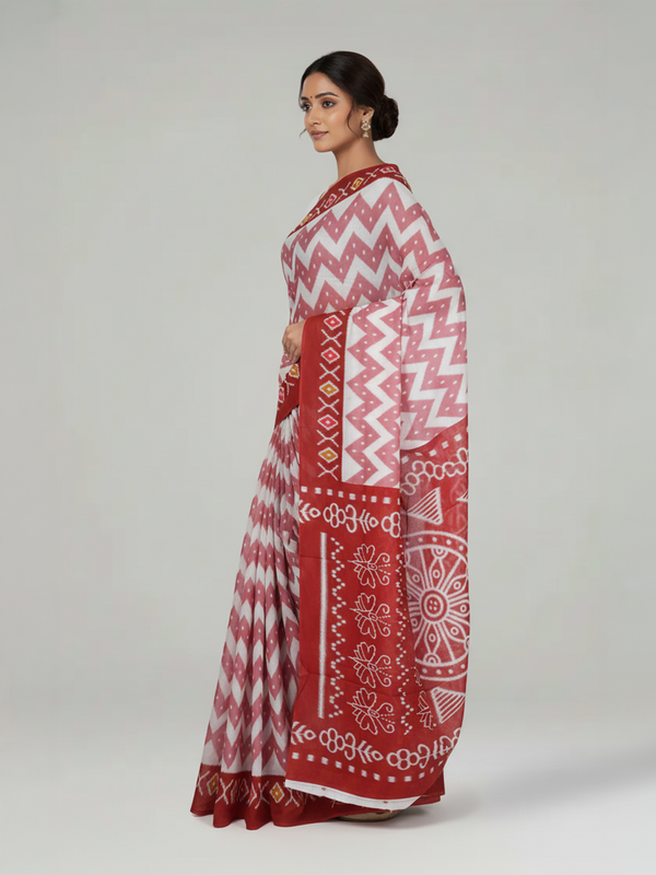 White Soft Cotton Saree with Zig Zag Printed Body, Contrast Printed Pallu