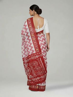 White Soft Cotton Saree with Zig Zag Printed Body, Contrast Printed Pallu