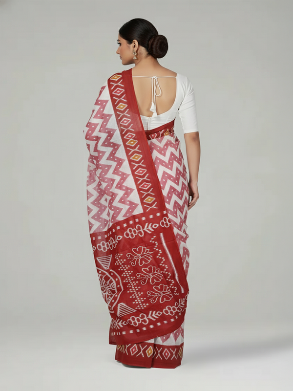 White Soft Cotton Saree with Zig Zag Printed Body, Contrast Printed Pallu