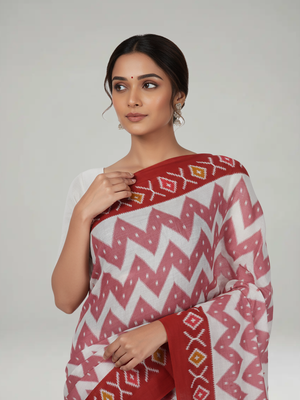 White Soft Cotton Saree with Zig Zag Printed Body, Contrast Printed Pallu