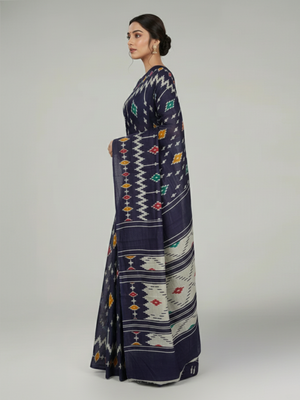 Navy Blue Soft Cotton Saree with Ikkat Printed Body, Printed Pallu