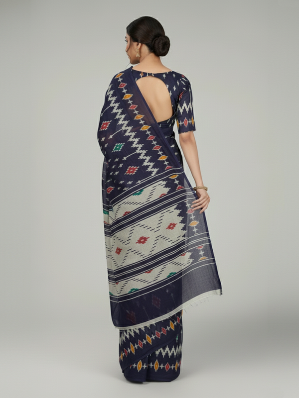 Navy Blue Soft Cotton Saree with Ikkat Printed Body, Printed Pallu
