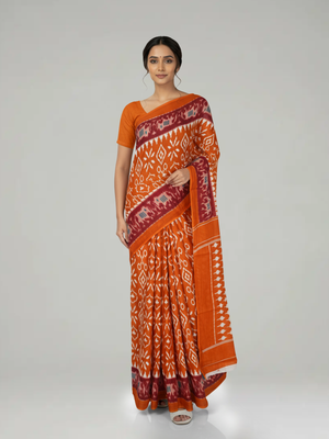Rust Orange Soft Cotton Saree with Ikkat Printed Body, Block Motif Pallu