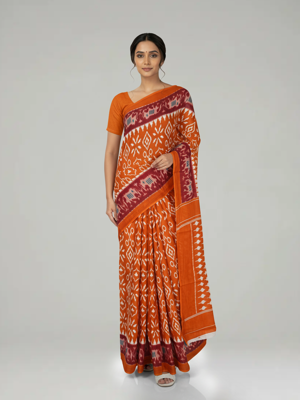Rust Orange Soft Cotton Saree with Ikkat Printed Body, Block Motif Pallu