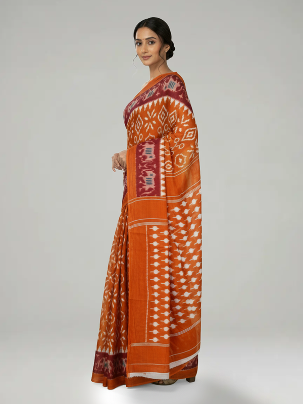 Rust Orange Soft Cotton Saree with Ikkat Printed Body, Block Motif Pallu