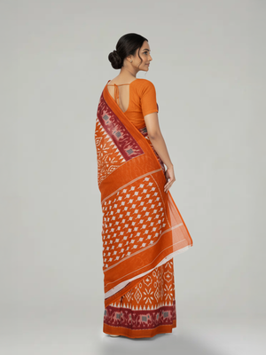 Rust Orange Soft Cotton Saree with Ikkat Printed Body, Block Motif Pallu