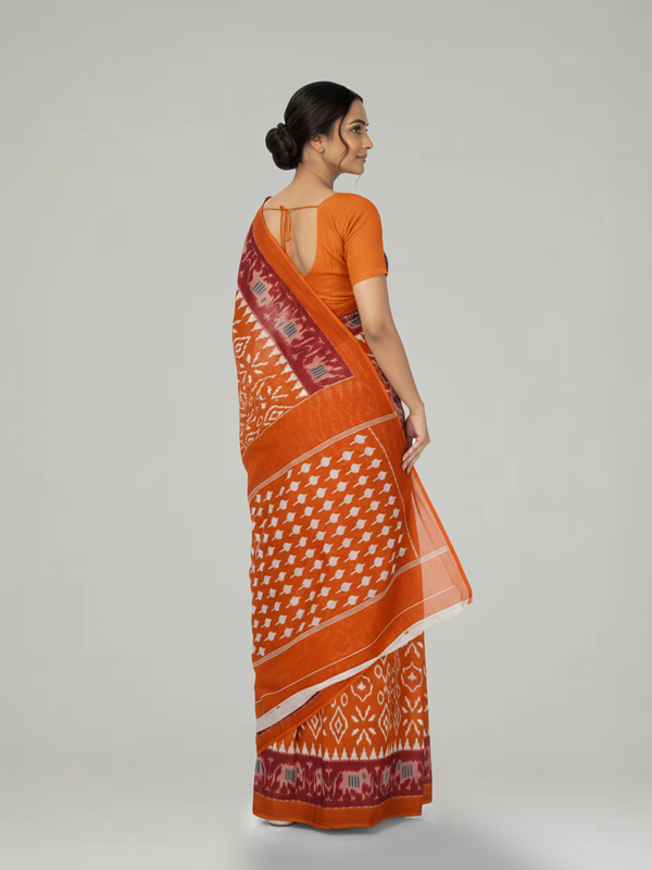 Rust Orange Soft Cotton Saree with Ikkat Printed Body, Block Motif Pallu