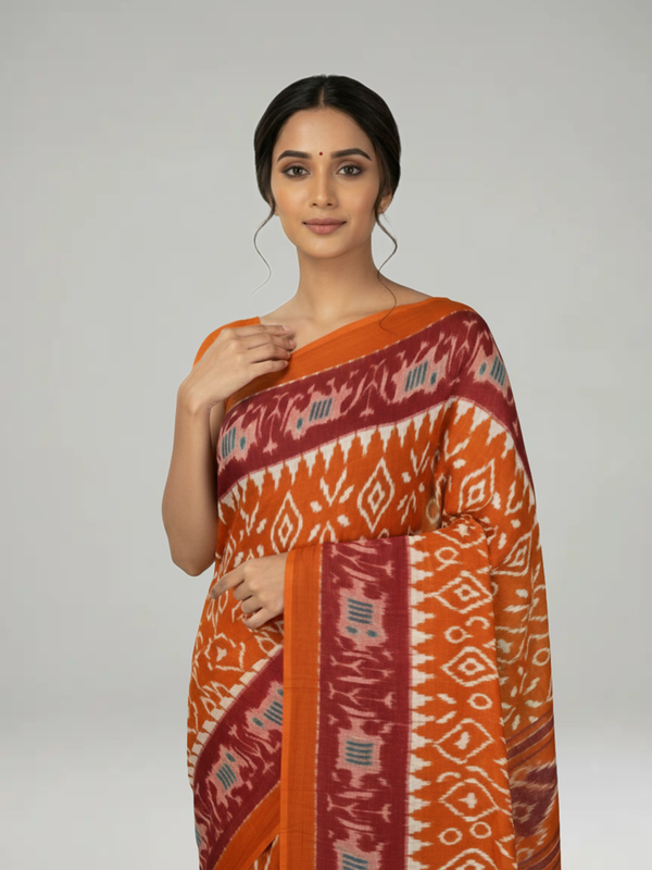 Rust Orange Soft Cotton Saree with Ikkat Printed Body, Block Motif Pallu