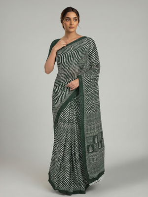 Dark Green Soft Cotton Saree with Wavy Diagonal Stripes, Geometric Printed Pallu