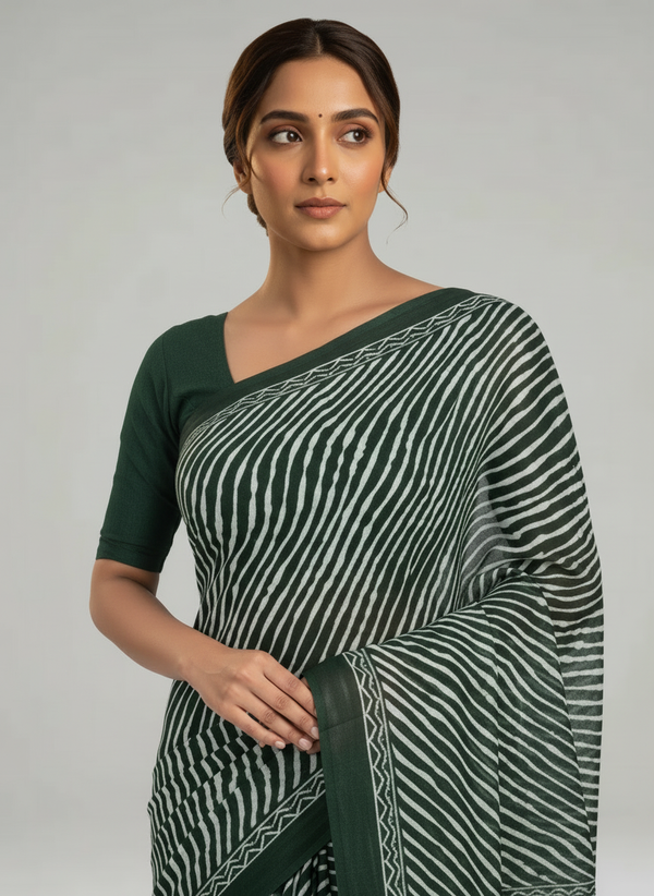 Dark Green Soft Cotton Saree with Wavy Diagonal Stripes, Geometric Printed Pallu