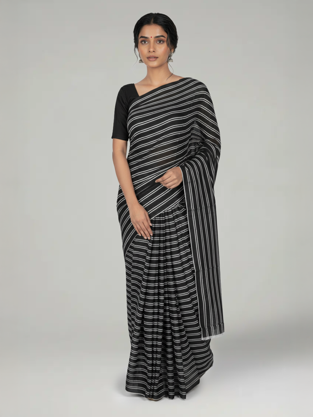 Black Soft Cotton Striped Saree