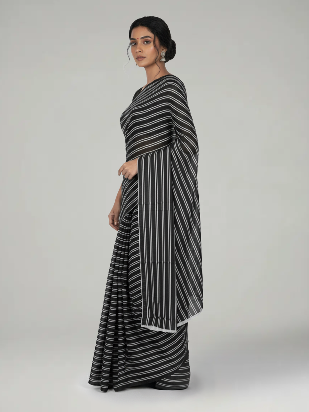 Black Soft Cotton Striped Saree