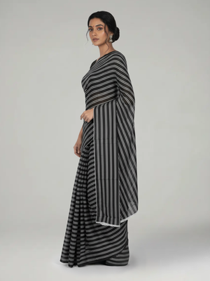 Black Soft Cotton Striped Saree