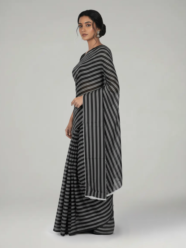 Black Soft Cotton Striped Saree