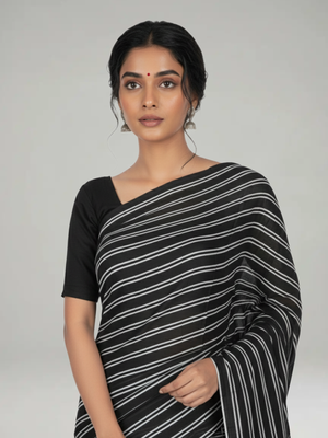 Black Soft Cotton Striped Saree