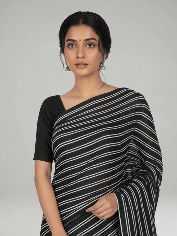 Black Soft Cotton Striped Saree