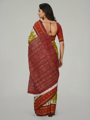 Pear Green Soft Cotton Saree with Ikat Printed Body, Contrast Maroon Printed Pallu