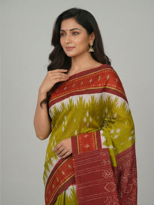 Pear Green Soft Cotton Saree with Ikat Printed Body, Contrast Maroon Printed Pallu