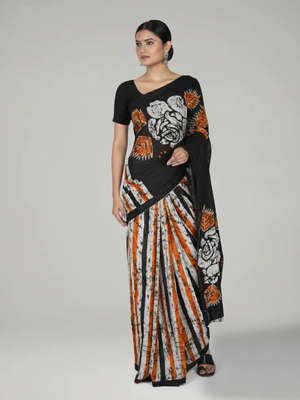 Multi-Shade Soft Cotton Saree with Striped Body, Contrast Black Printed Pallu & White Blouse