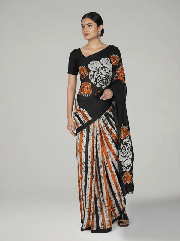 Multi-Shade Soft Cotton Saree with Striped Body, Contrast Black Printed Pallu & White Blouse