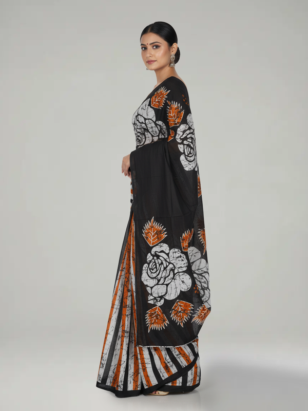 Multi-Shade Soft Cotton Saree with Striped Body, Contrast Black Printed Pallu & White Blouse