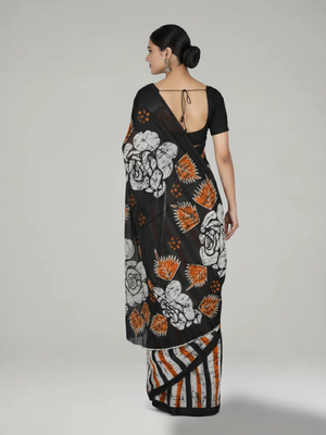 Multi-Shade Soft Cotton Saree with Striped Body, Contrast Black Printed Pallu & White Blouse