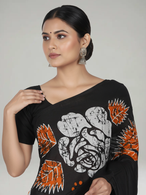 Multi-Shade Soft Cotton Saree with Striped Body, Contrast Black Printed Pallu & White Blouse