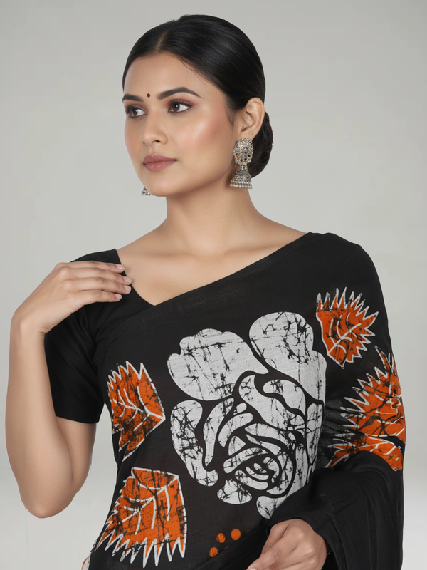Multi-Shade Soft Cotton Saree with Striped Body, Contrast Black Printed Pallu & White Blouse