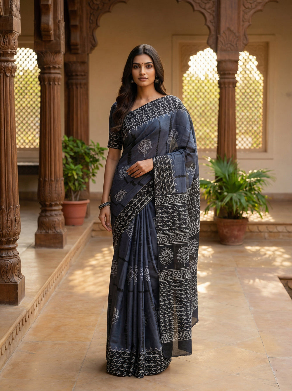 Black Dark Ash Soft Cotton Saree with Printed Body & Contrast Triangle Border