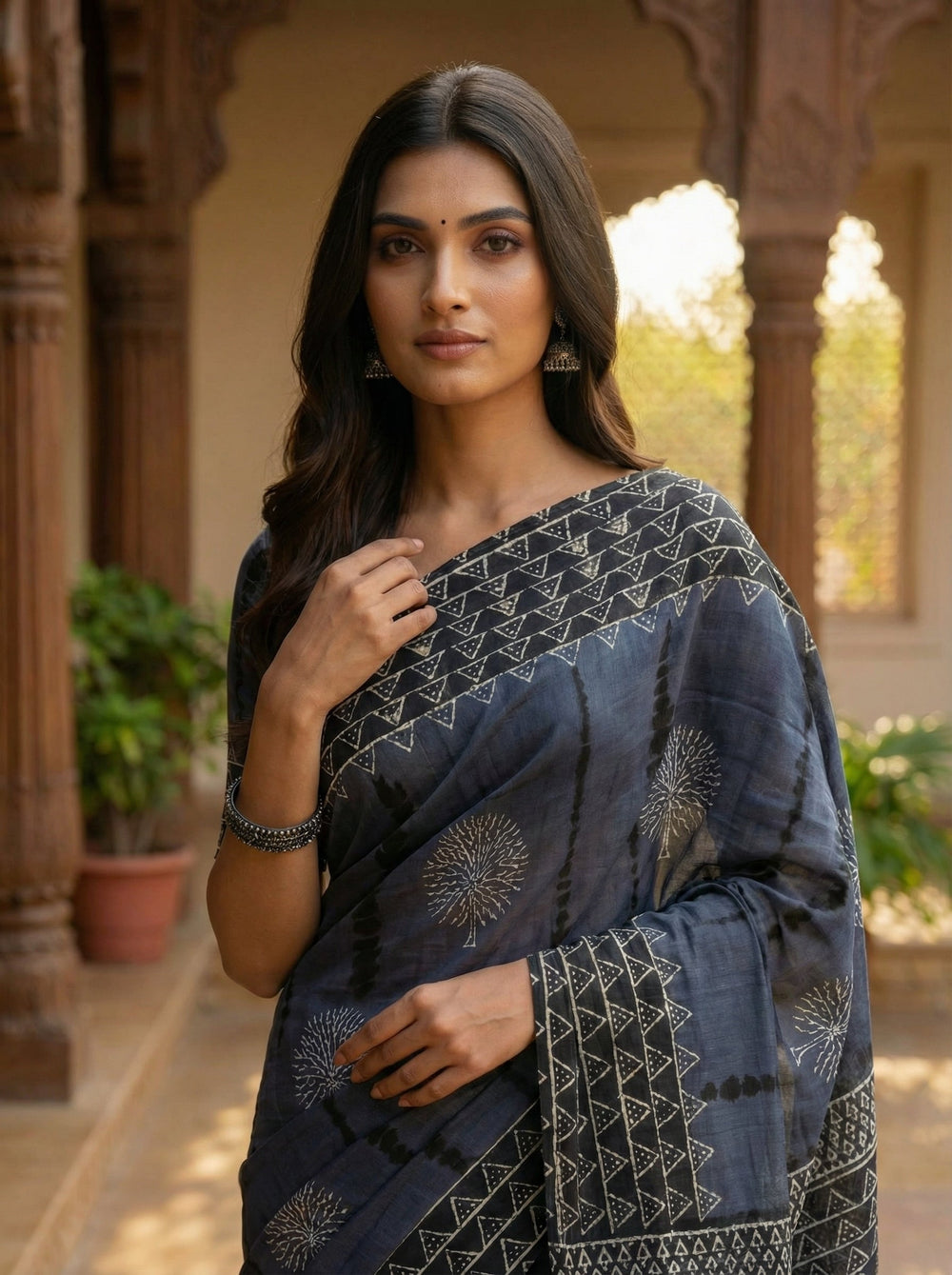 Black Dark Ash Soft Cotton Saree with Printed Body & Contrast Triangle Border