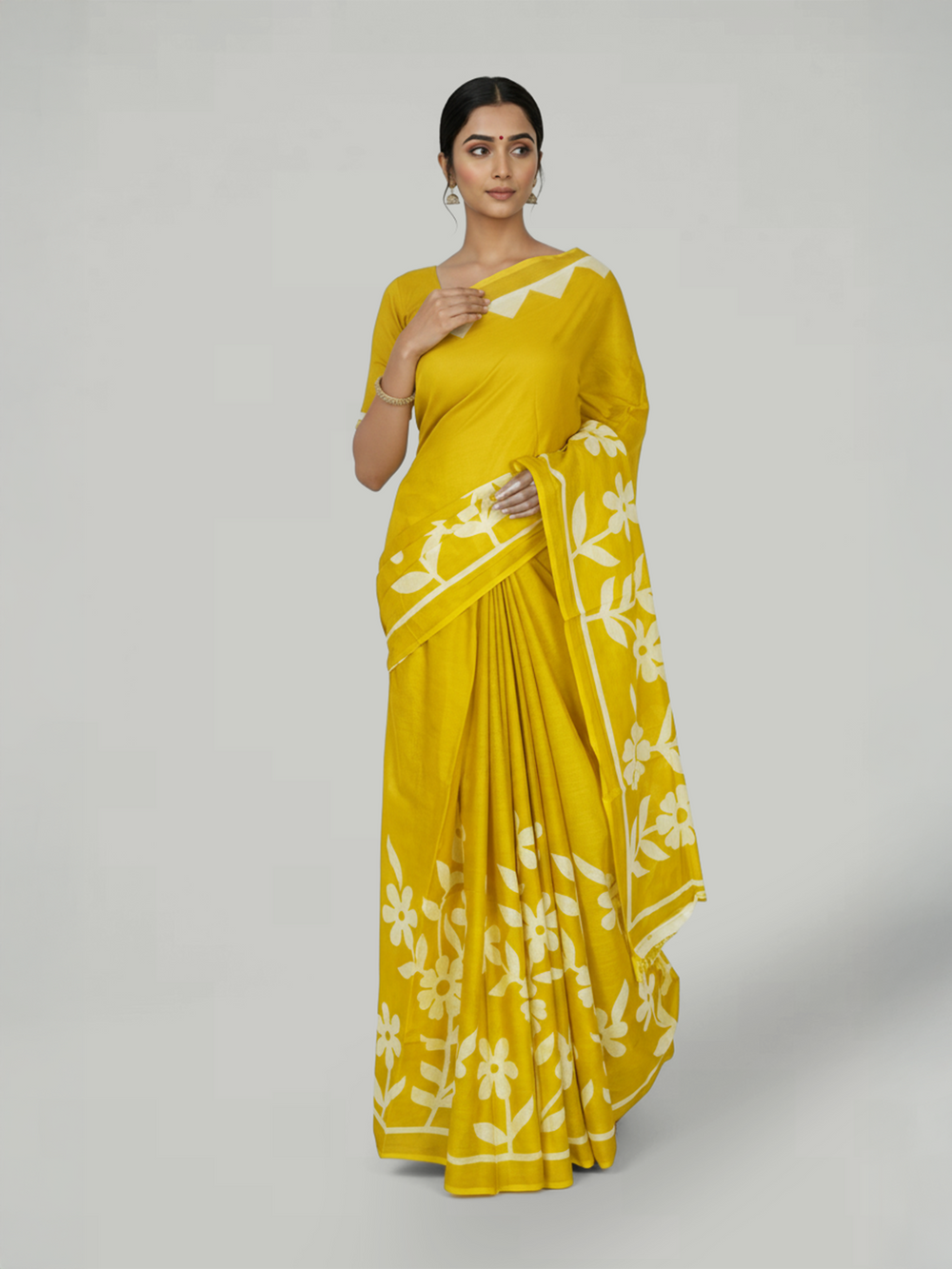 Multi Yellow Soft Cotton Saree with Floral Printed Body, Self Plain Border