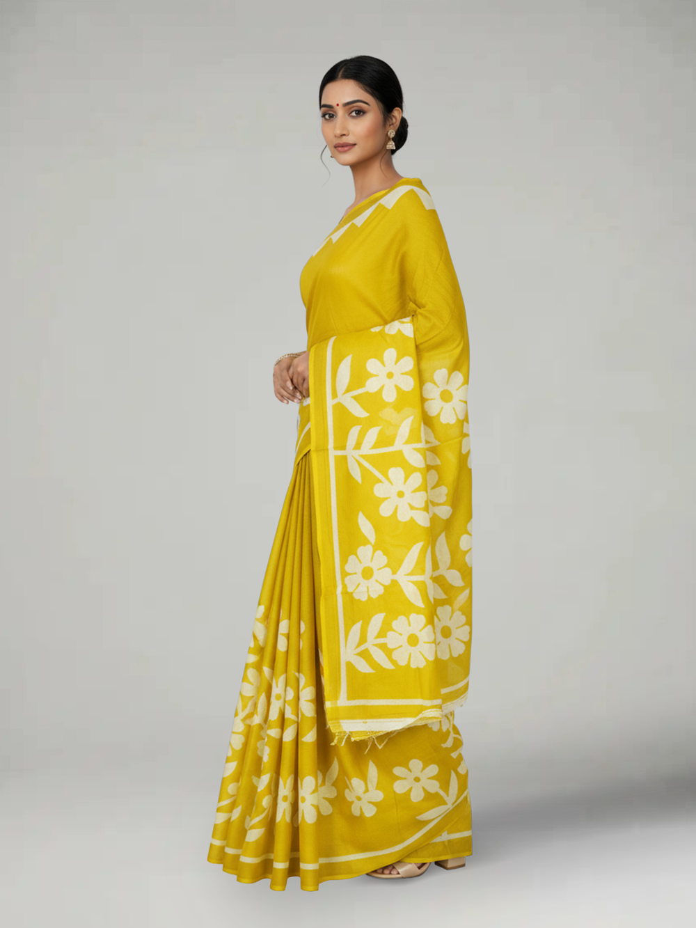 Multi Yellow Soft Cotton Saree with Floral Printed Body, Self Plain Border